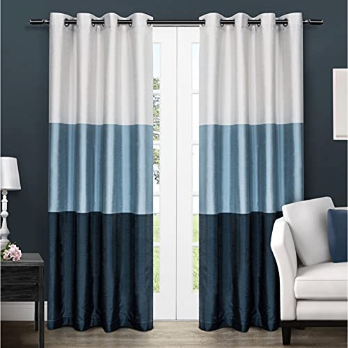 EXCLUSIVE HOME Chateau Striped Faux Silk Grommet Top Curtain Panel Pair, 54x108, Indigo
