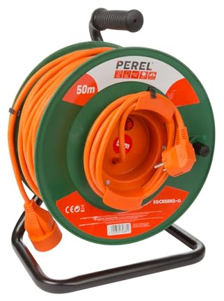 Perel Kabeltrommel, Innenbereich, Schutzkontakt-Stecker/-Kupplung, Überhitzungsschutz, Kabellänge 50 m, 3G1.5, Orange/Grün