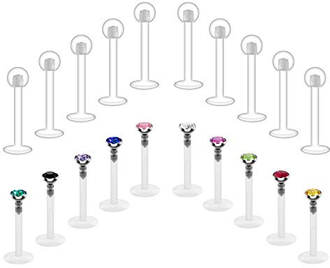 Crdifu 20pcs bioflex lèvre goujon Labret barres de retenue barres en plastique flexible 16G 6/8/10 / 12mm barres avec cristal Piercing Bijoux