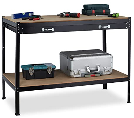 Relaxdays Banco Trabajo con Cajón, 2 Niveles, Taller y Garaje, Acero y MDF, Mesa Carpintero, 90,5 x 121 x 63,5 cm, Negro