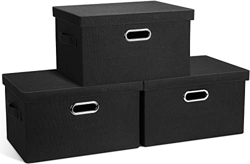 Graciadeco Medium 15 21 Quart Collapsible Stackable Storage Bins with Lids, 3 Packs Black Foldable Fabric Closet Boxes Heavy-duty Lidded Linen Cube Basket Container Organizer and Storage for Bedroom