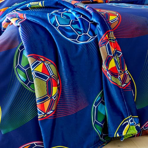 Catherine Lansfield Bright Football Cosy Fleece 130x170 cm Blanket Throw Navy Blue