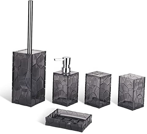 PITRAK 5-teiliges Badezimmer-Accessoires-Set, Acryl-Lotionflaschen mit Glasgefühl, Zahnbürstenhalter, Zahnbecher, Seifenschale, Toilettenbürste, modernes Badezimmer-Set (Grau)