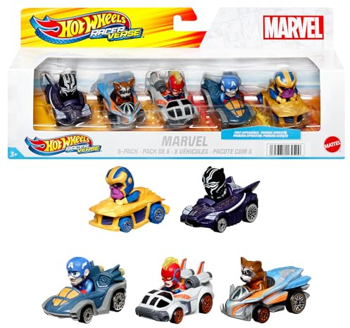 Hot Wheels RacerVerse, Coffret de 5 voitures en métal Marvel optimisées pour les circuits Hot Wheels , pilotées par de célèbres personnages Marvel, cadeau pour enfants et collectionneurs, HPN40