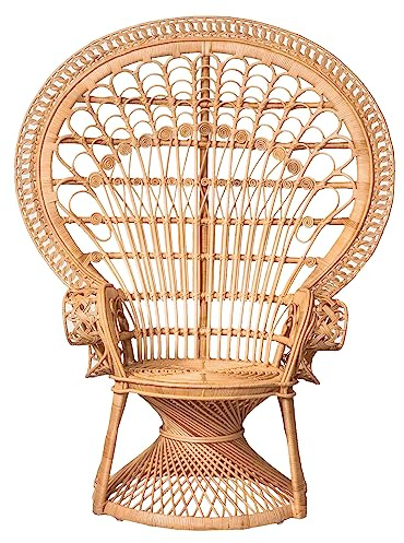 EME Sillón Emmanuelle Natural con Cojín Blanco Incluido Fabricado en Ratán Natural. Sillón Peacock Chillout Elegante para jardín. Dimensiones 117x72x151cm