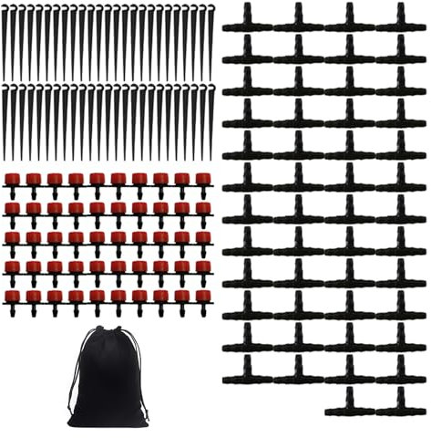 50 gocciolatori per irrigazione, 50 connettori a T, 50 ancoraggi per tubi, 1 custodia nera, sistema di irrigazione, set per aiuole, orto