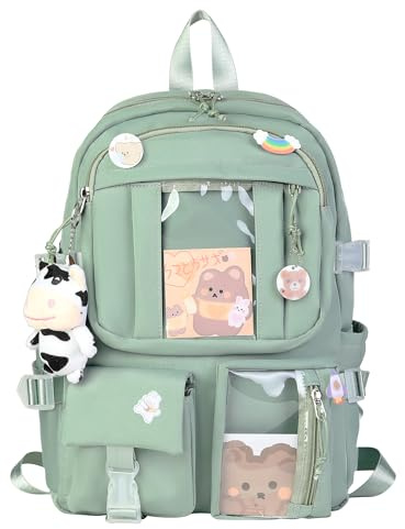 HORHEAR Zaino Scuola Kawaii per uomo e donna, leggero e con accessori, per la scuola e il tempo libero verde