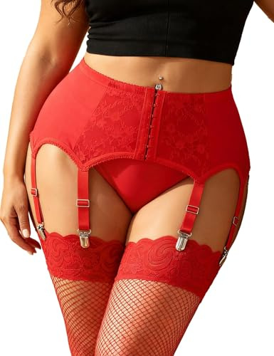 comeondear Liguero Sexy Mujer Encaje con 6 Clips - Tiras Anchos Ajustables, Transparente Liga de Cintura Alta - para Medias, Talla Grande Lenceria Liguero Elástico y Transpirable 1-Rojo XS-S