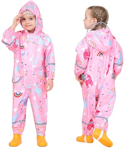 Rain Suit Kids Puddle Suit, Boys Girls Waterproof Suit Toddler All in One Waterproof Overall Muddy Suit Cartoon Rainbow Raincoat Rain Wear, S Size 1-3 Years