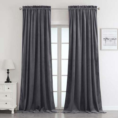 Benedeco Blackout Grey Velvet Curtains for Bedroom Window, Light Filtering Drapes for Living Room Darkening Soundproof Thermal Curtain Rod Pocket 52 x 96 inches Long Length Set of 2 Panels