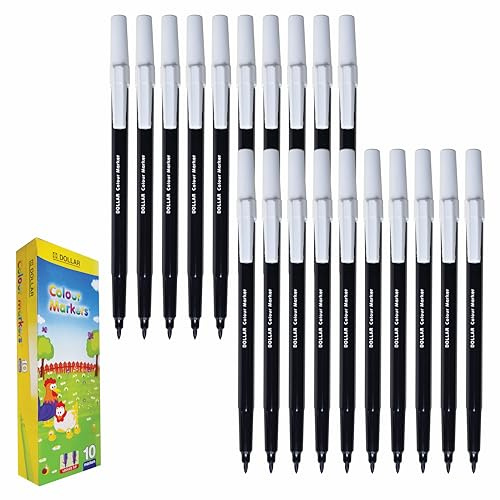 DOLLAR ColorMax Felt Tips Colouring Pens, BLACK, Pack of 20, Ideal for Draw Colour Mark Sketch Write, Perfect for School Office Home Everyday Use
