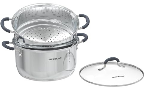 SUNHOUSE - 3.1 Quart Steamer Pots with Lid 2-Tier Multipurpose Stainless Steel Steaming Pot Cookware with Handle for Vegetable, Dumpling, Sauce, Food - Triple Bottom, Measurement Line