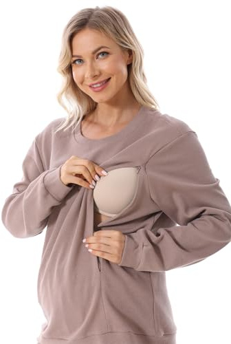 FEOYA Still Sweatshirt moderskap fleece amningströja ledig bekväm amningstopp oversize amningskläder mammatröja för amning XL, BRUN, XL