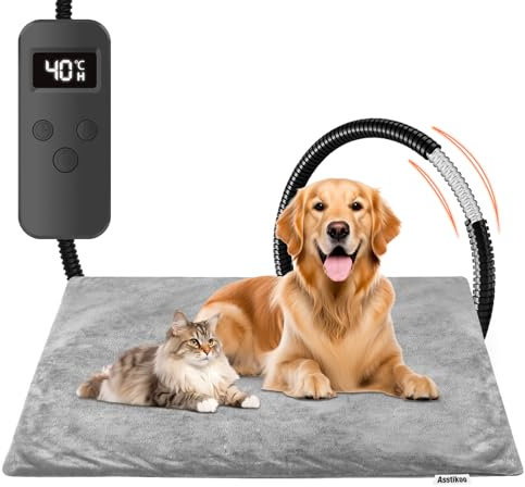 Asstikoo Pet Heating Pad,Adjustable Dog Heated Pad with 12 Level Timer&30-55℃ Temperature,Pet Indoor Heating Blanket for Cat with Chew Resistant Cord,Long-Time Working Electric Pet Heated Mat(L)