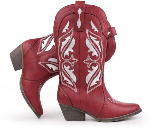 Hawkwell Botas Vaqueras para Mujer con Bordados - Tobillo Medio, Punta Afilada, Tacón Cuadrado Grueso y Estilo Slip-On Clásico, PU rojo, UE 39