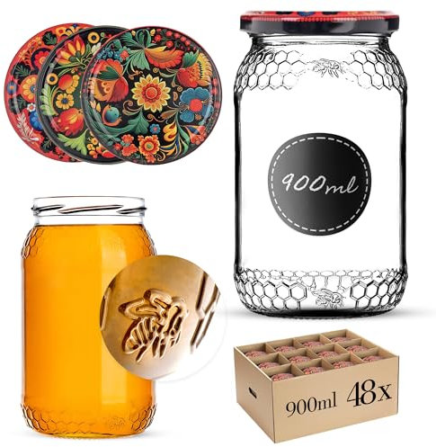 KADAX Lot de 48 bocaux à miel, 900 ml, avec couvercle à visser fi82 mm, pour miel, pots à confiture, bocaux à vis, fleurs multicolores
