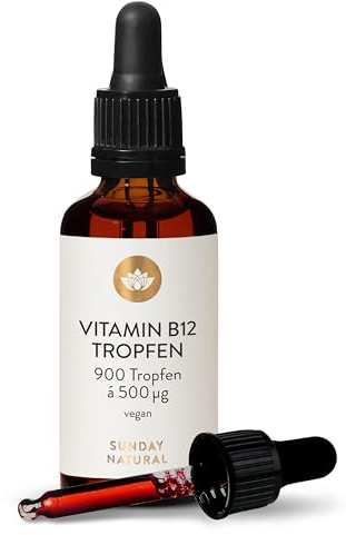 SUNDAY NATURAL® Vitamin B12-500 µg pro Vitamin B12 Tropfen – Bioaktive Formen B12 Methylcobalamin + Adenosylcobalamin – 900 Tropfen – Laborgeprüft, vegan, ohne unnötige Zusätze