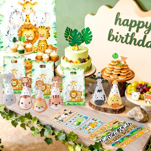 BACH AND BOOZY 56PCS Jungle Party Bag Fillers Safari Theme Birthday Supplies Animal Goodie Bags Masks Hat Stickers Slap Bracelets Keychains Animal Ring Fillers Serve 12