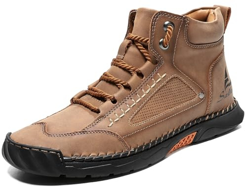 CrazySavage Mens Casual Leather Orthopedic Handmade Boots Fashion Mid Top Walking Driving Shoes Waterproof Arch Support Spacious Toe Box Outdoor Non-Slip Trekking Boot (Brown,10)