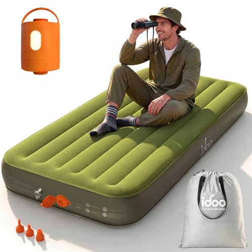 iDOO Single XL Camping Bed, Air Mattress with Rechargeable Cordless Pump | Camping Essentials Self Inflating in 1.5 Mins,Inflatable Blow Up Mattress for Outdoor, Tent, LED Light, USB Charging included