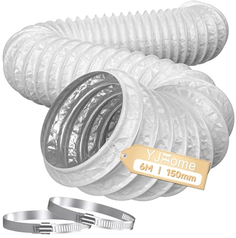 YJHome Manguera de salida de aire de 150 mm, 6 m de largo, manguera flexible con 2 abrazaderas de manguera, tubo de escape de PVC y tubo de aluminio para campanas extractoras, secadoras, ventiladores