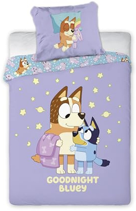 Bluey & Bingo barnsängsset | Enkelsängsstorlek, påslakan 140 x 200 cm med örngott 50 x 70 cm | Officiellt Bluey sängkläder | Färgglad lila tecknad design för enkelsängar för barn