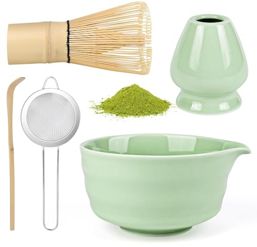 5 Pezzi Matcha Kit, Matcha Whisk Set,Frusta Matcha, Ciotola Matcha, Supporto Chasen, Cucchiaio di Matcha, Setaccio Di Matcha, per La Casa, l'Ufficio e la Sala da Tè (Verde chiaro)