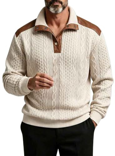 Kabelstickad tröja för män långärmad Henley pullover lapp topp | Kabelstickad tröja för män kontrast axel lapp pullover för vintervärme smart vardaglig stil