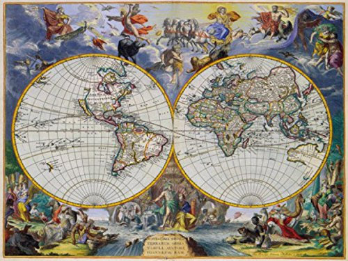 1art1 Historiska kartor – världskarta 1683, Johannes De Ram bilder på duk bild med kilram | XXL-väggbild affisch konsttryck som canvasbild 80 x 60 cm