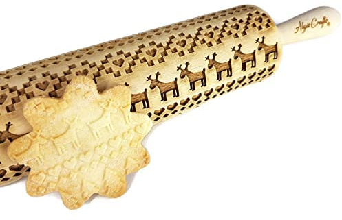 Scandinavian Christmas Embossing Rolling Pin. Laser Engraved Dough Roller with Christmas Pattern by Algis Crafts