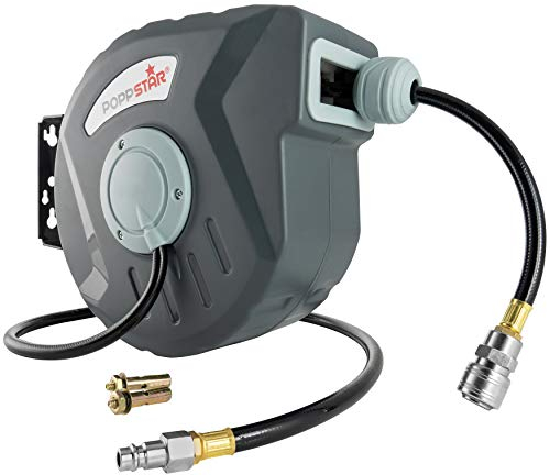 Poppstar Enrollador de manguera de aire comprimido (manguera: 10m + 1m, diámetro interno de 5/16 (8x12mm), 3/8 BSPT), mecanismo de enrollado para manguera de aire comprimido