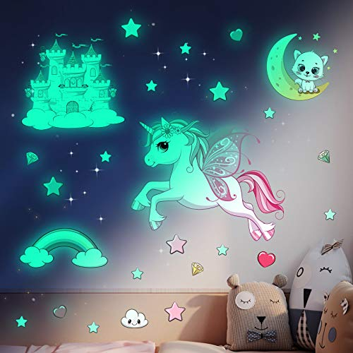 Leuchtsterne Kinderzimmer Wandtattoo Mädchen,Einhorn Leuchtsticker Leuchtsterne Selbstklebend Wandsticker Sternenhimmel Leuchtaufkleber Aufkleber für Mädchen Babyzimmer Deko