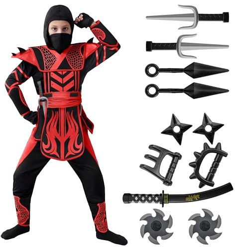 Spooktacular Creations Costume de Ninja de Guerrier d'Halloween Rouge noir pour Garçons et Filles, Fête d'habillage d'Halloween, Jeu de Rôle Ninja, Soirées à Thème