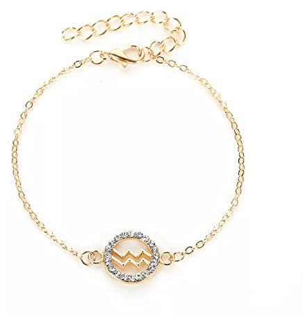 Gold Star Sign Cubic Zirconia Pendant Chain Bracelet – Aquarius (20th January - 18th February) - Zodiac Constellation Horoscope Celestial Astrology Jewellery - Women Men Gift