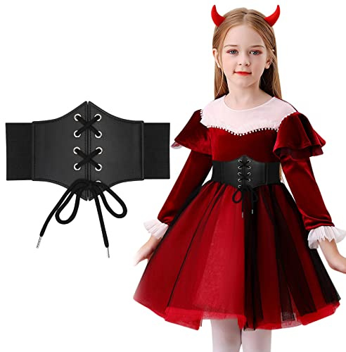 WERFORU Girls Corset Belt Kids Tied Waspie Belt Elastic Wide Lace-up Cinch Belt Black