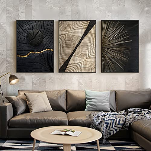 HEHGVCF 3-Piece Canvas Line Texture Poster, Black White Gold Annual Rings with Picture Set, Canvas Wall Art, Without Frame (A++B+C, 50 x 75 cm)