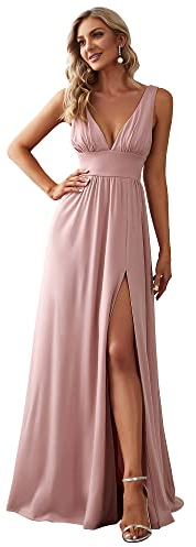 Ever-Pretty Robe Demoiselle d'honneur Femme Longue Fendue Col V Mousseline de Soie sans Manche A Line Chic Rose poussiéreuse 36