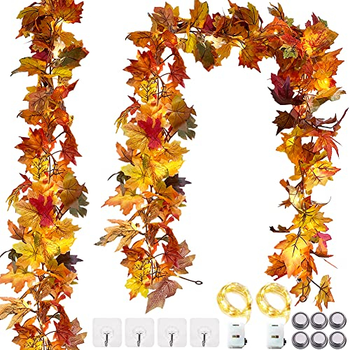 2 Pack Artificial Autumn Garland with Lights Autumn Decorations, 5.9Ft Fall Maple Leaves Garland for Home Thanksgiving Fireplace Halloween Fall Wedding Party Decor, Yellow