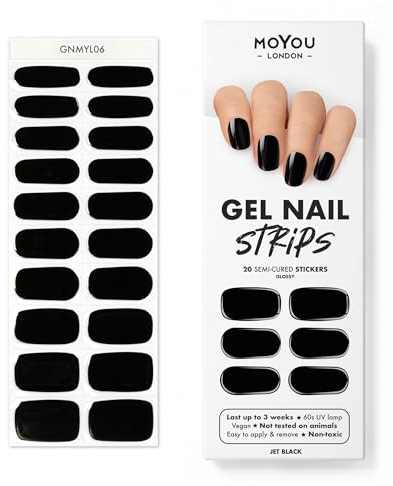 MOYOU LONDON Semi Cured Gel Nail Strips Black - 20 Pcs. Waterproof Gel Nail Wraps, Cures in Sunlight or UV/LED Lamp, Lasts Up to 2+ Weeks, Stretchable, Easy to Apply & Remove, Vegan & Cruelty-Free