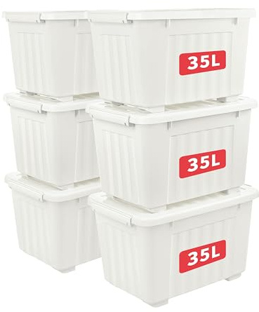 Cetomo 35L*6 Boîtes de Rangement avec Couvercles, Boîte de Rangement en Plastique avec Clips et Roulettes, Empilables, Encastrables, pour Placard de Bureau à Domicile, Blanc, 35L, Lot de 6