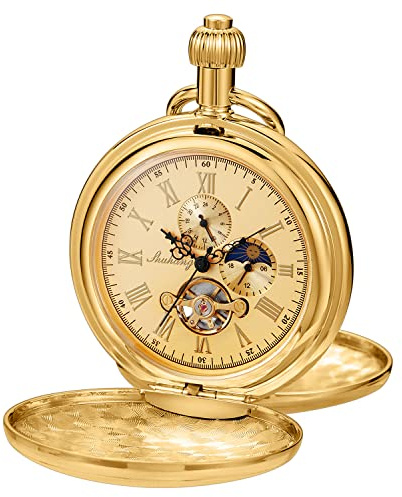 Tiong Double Cover Men's Mechanical Pocket Watch - Roman Moonlight Design Dial Chain
