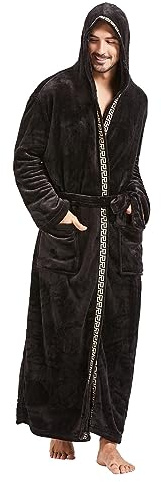 FashGudim Men's Hooded Plush Robe with Black Trim Full Length Plush Long Robe for Men Big and Tall Warm Fleece Bathrobes House Robes (Black & Black Trim, 5XL)