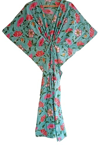 INDACORIFIE Robe Kaftan 100% Coton, Couture imprimée Florale, Costume Long Kaftan Indien Fait à la Main, Belle Femme Plage Caftan