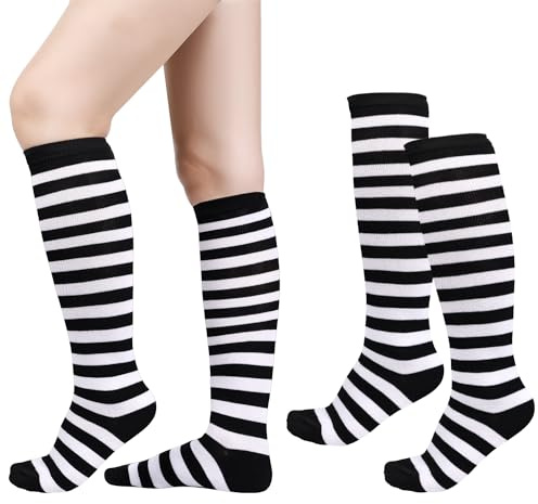 XIHIRCD 2 Pares Calcetines Hasta la Rodilla, Cálidos para Cosplay de Miércoles, Deportivos Suaves a Media Pantorrilla para Mujer, Regalo de Fiesta (Rayas Blancas y Negras)