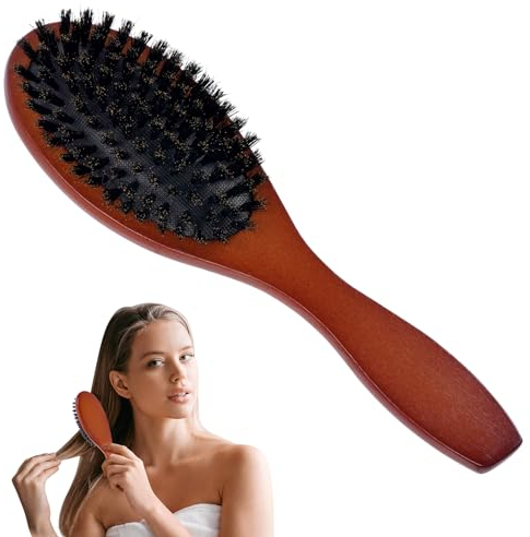 AOOWU Brosse Plaquante Cheveux, Brosse à Cheveux Poils de Sanglier, Antistatique Massage du Cuir Chevelu Peigne, Naturels pour Cheveux Fins, Brosse à Barbe, Manche en Noyer Noir, Ovale