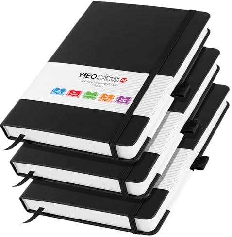 A5 Notebook, 3 Pack Leather Notebook Journal for Women Men , 200 Lined Pages 80GSM Notebooks with Elastic Loop, Pen Loop and Expandable Paper Pocket, Hardback Notepad for Office School Supplies -Black