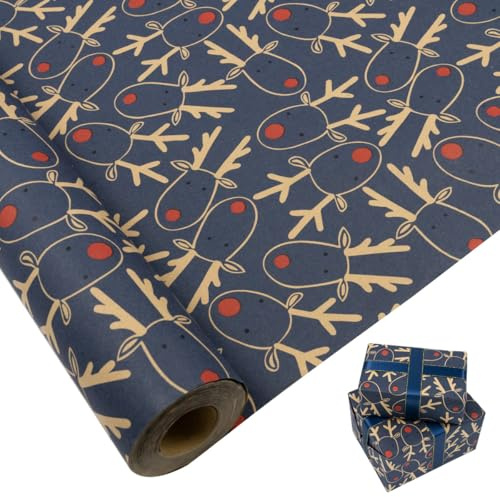 Grand rouleau de papier cadeau : 76 cm x 15 m de papier cadeau kraft bleu recyclable de Noël imprimé avec élan pour Noël, anniversaire, mariage, festival, décorations de cadeaux