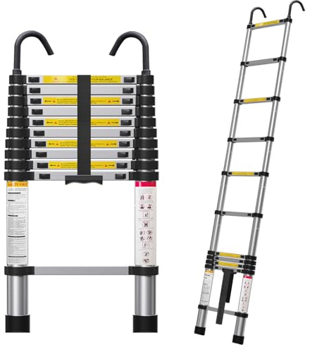 Molong 10.5ft telescoping Ladder Multi-Purpose Collapsible Ladder with Hook, Aluminum Extension Ladders for Home, Folding Telescoping Ladder for RV, Attic, Daily Use at Home, 330 lbs