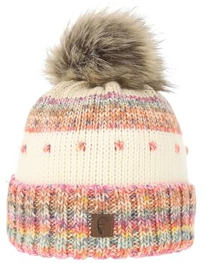 Cappello Invernale da Donna con Pompon in Pelliccia Sintetica e Fodera in Pile Termico, Colore:Marrone Chiaro, Taglia:One Size