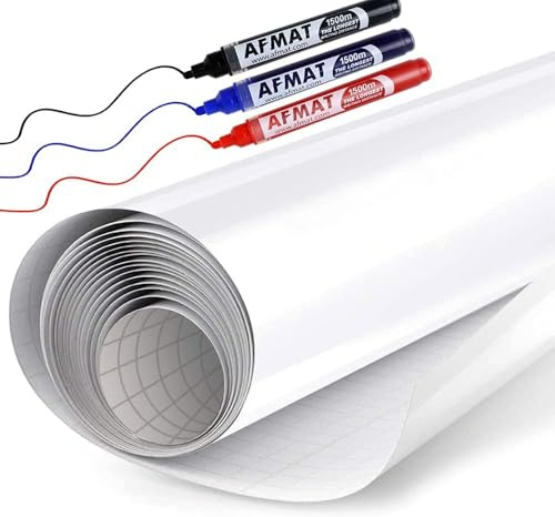 AFMAT Papel de pizarra blanca, rollo grande de papel adhesivo para pared, rollo de papel autoadhesivo de borrado en seco, adhesivo magnético de pared, sin fantasma después de 60 días, para notas